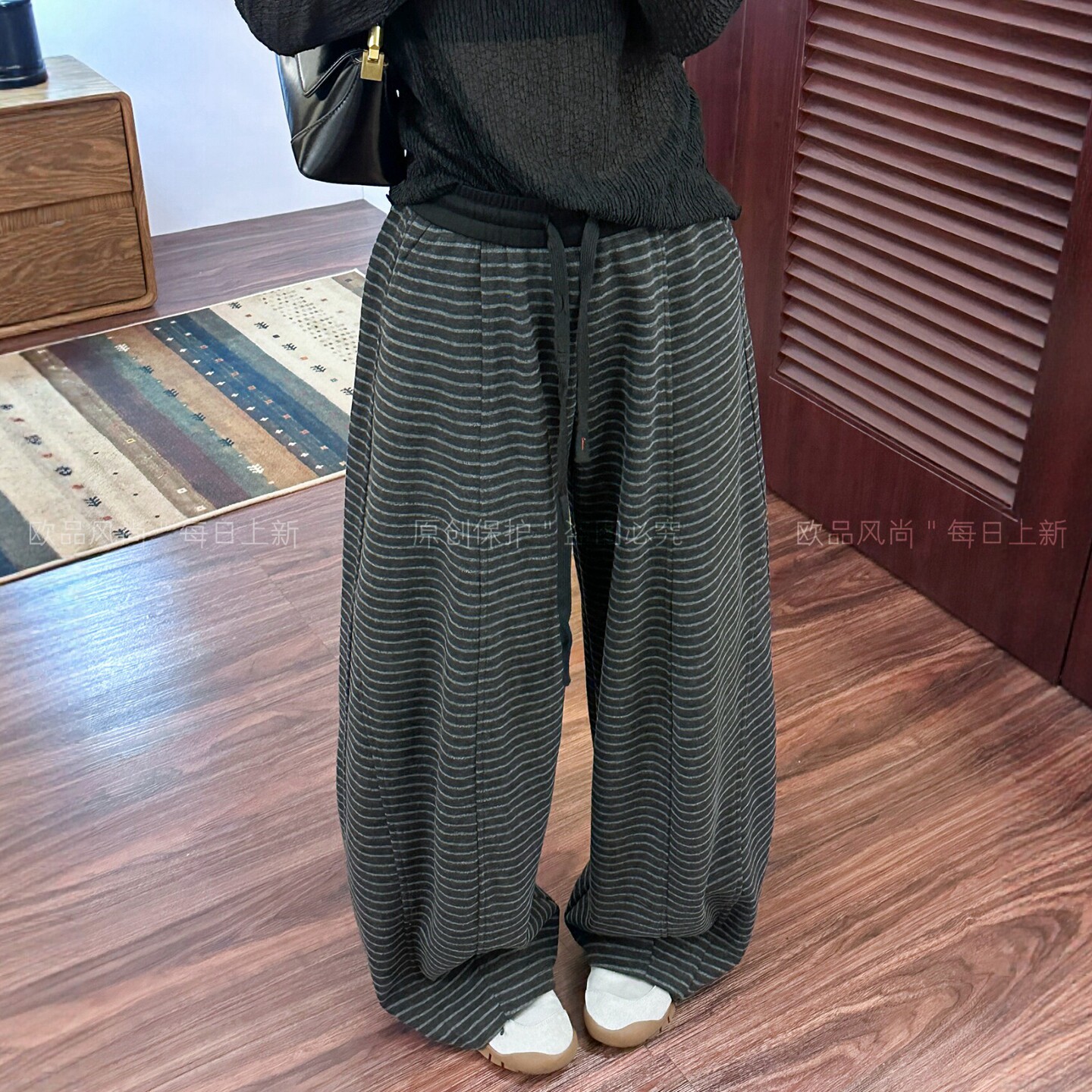 抽绳条纹拖地羊毛呢阔腿裤女欧货