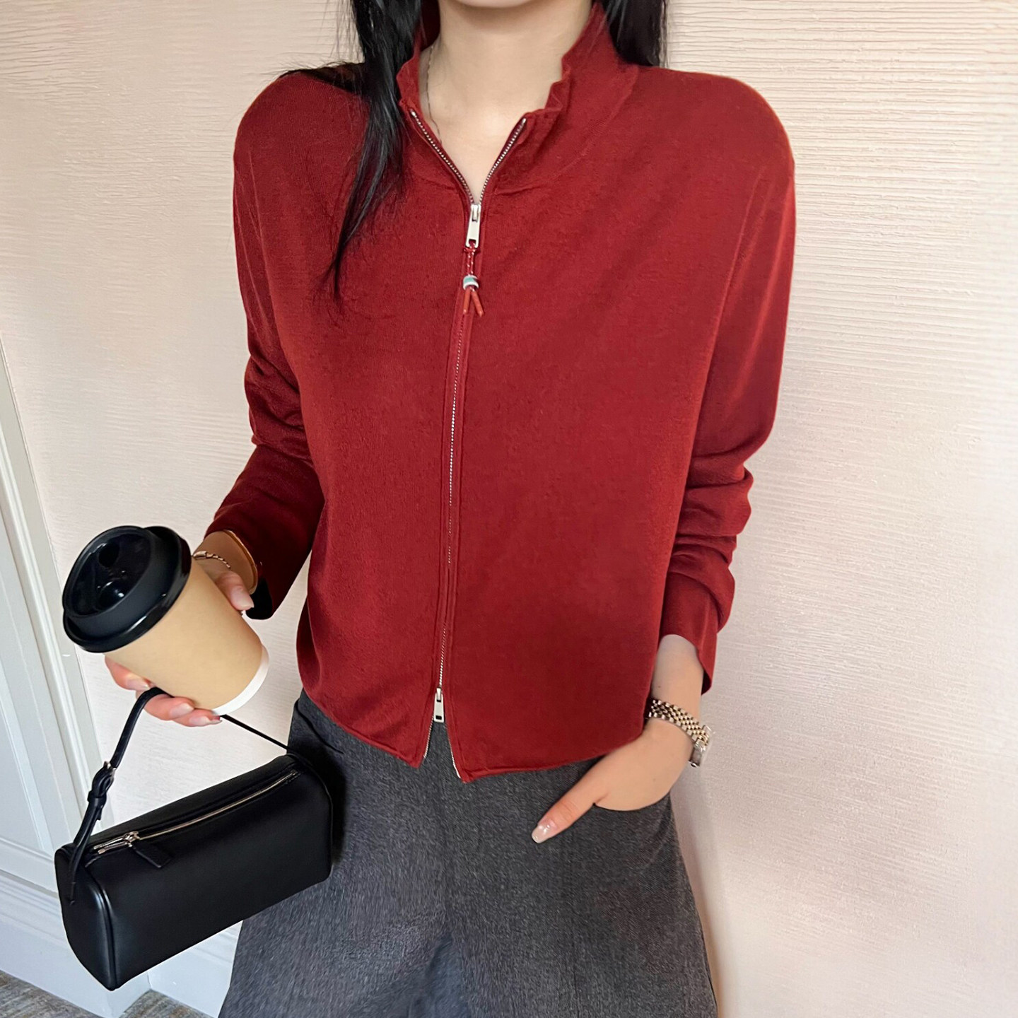 复古立领羊毛针织开衫女欧货毛衣