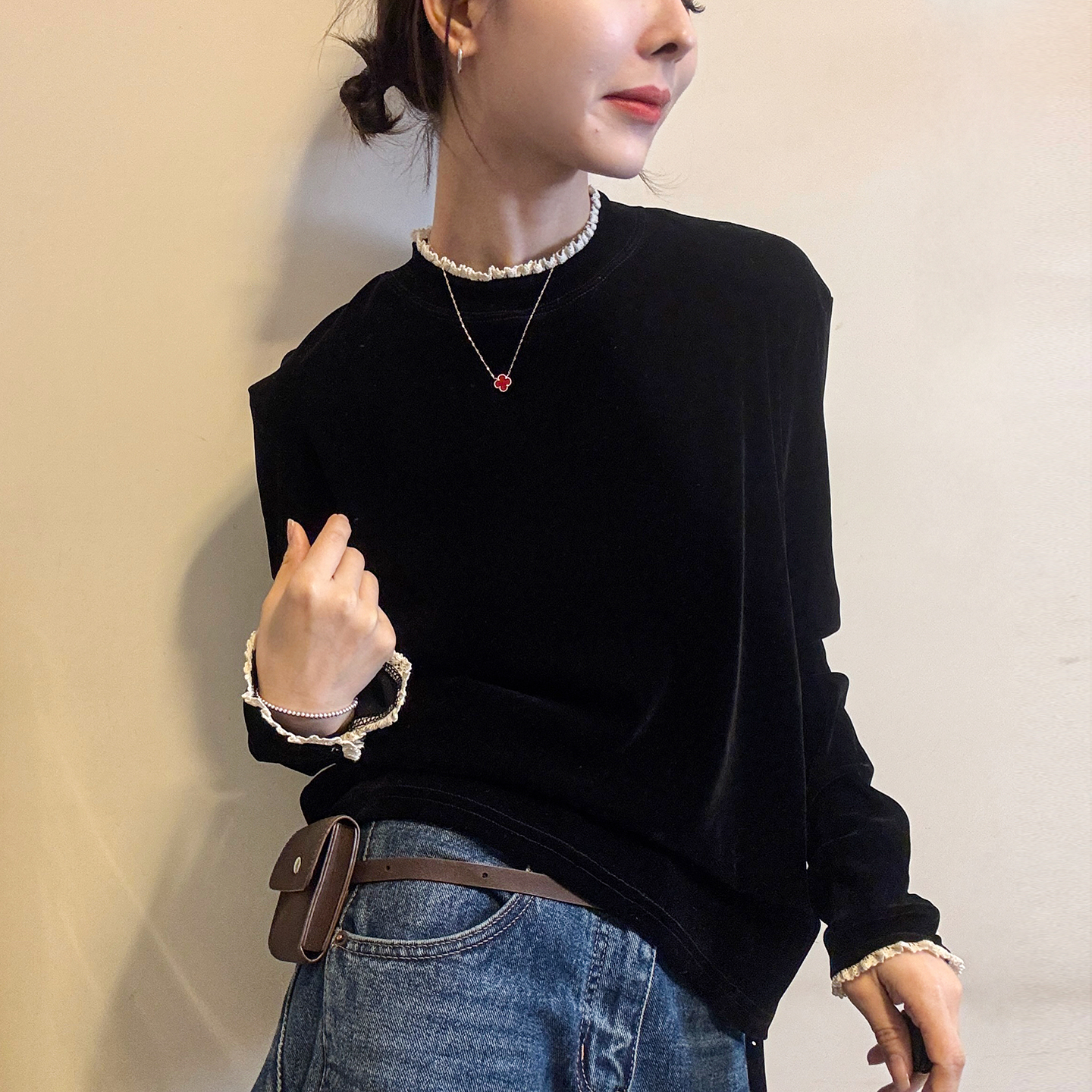 蕾丝拼接金丝绒T恤女欧洲站小衫