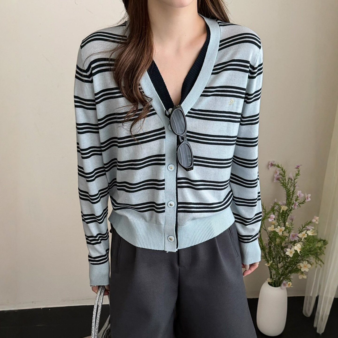 小羊刺绣假两件条纹针织开衫女欧洲站2026春装新款欧货女装上衣潮