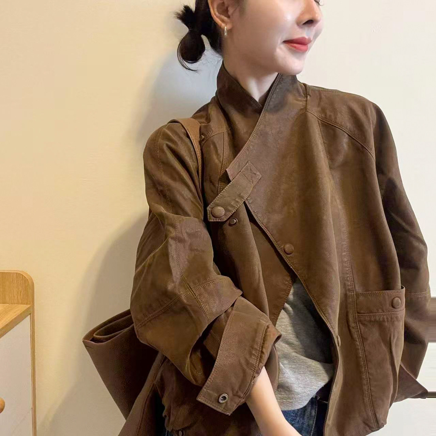 复古斜扣蛋白皮PU皮衣外套女欧货