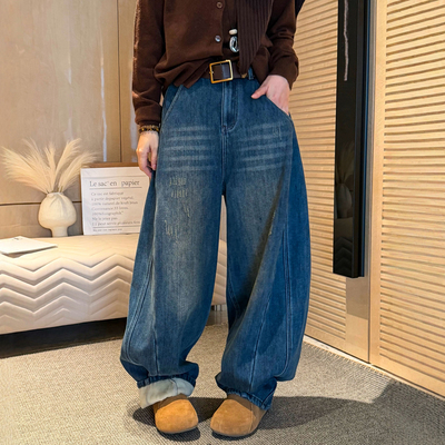 复古加厚加绒阔腿牛仔裤女欧洲站