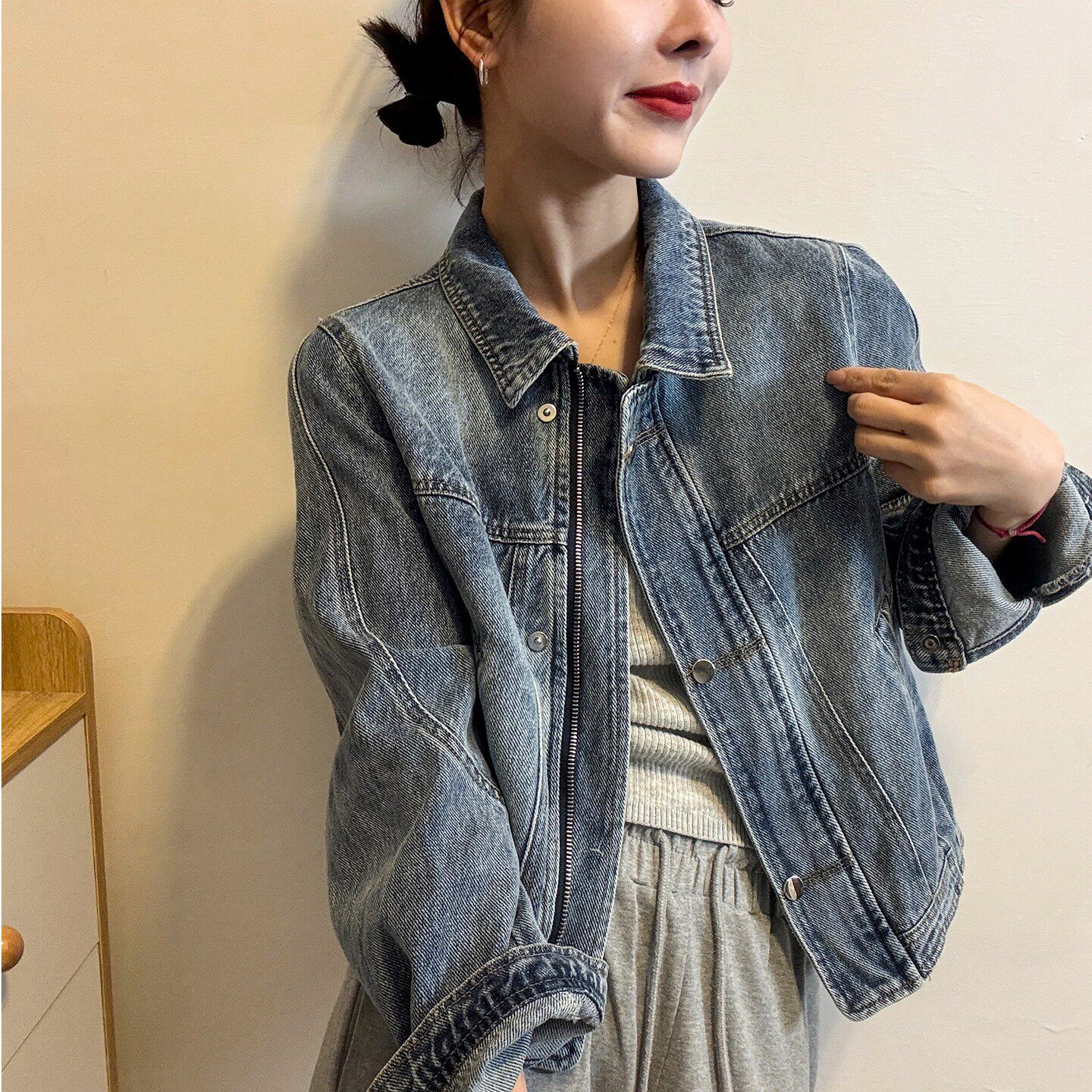 复古翻领拉链牛仔外套女欧货上衣
