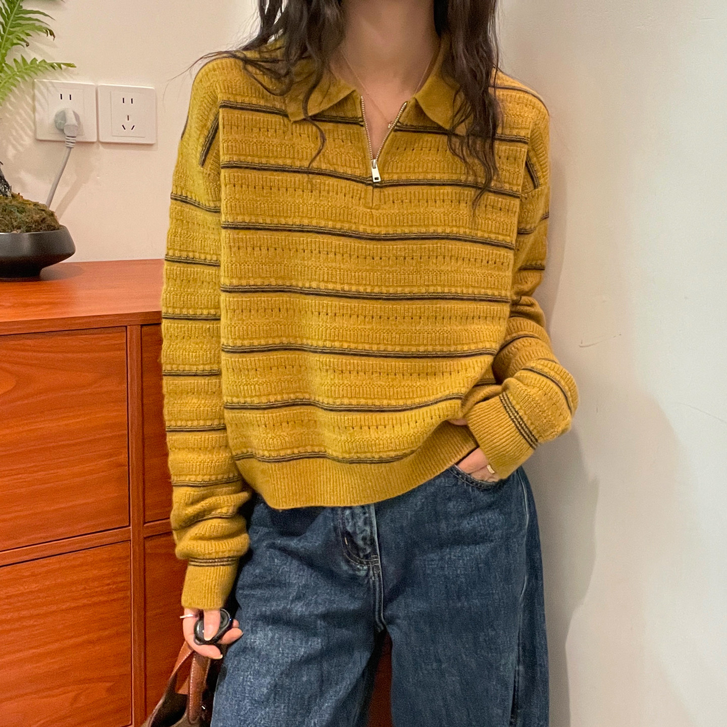 条纹POLO领绵羊毛针织衫女欧洲站
