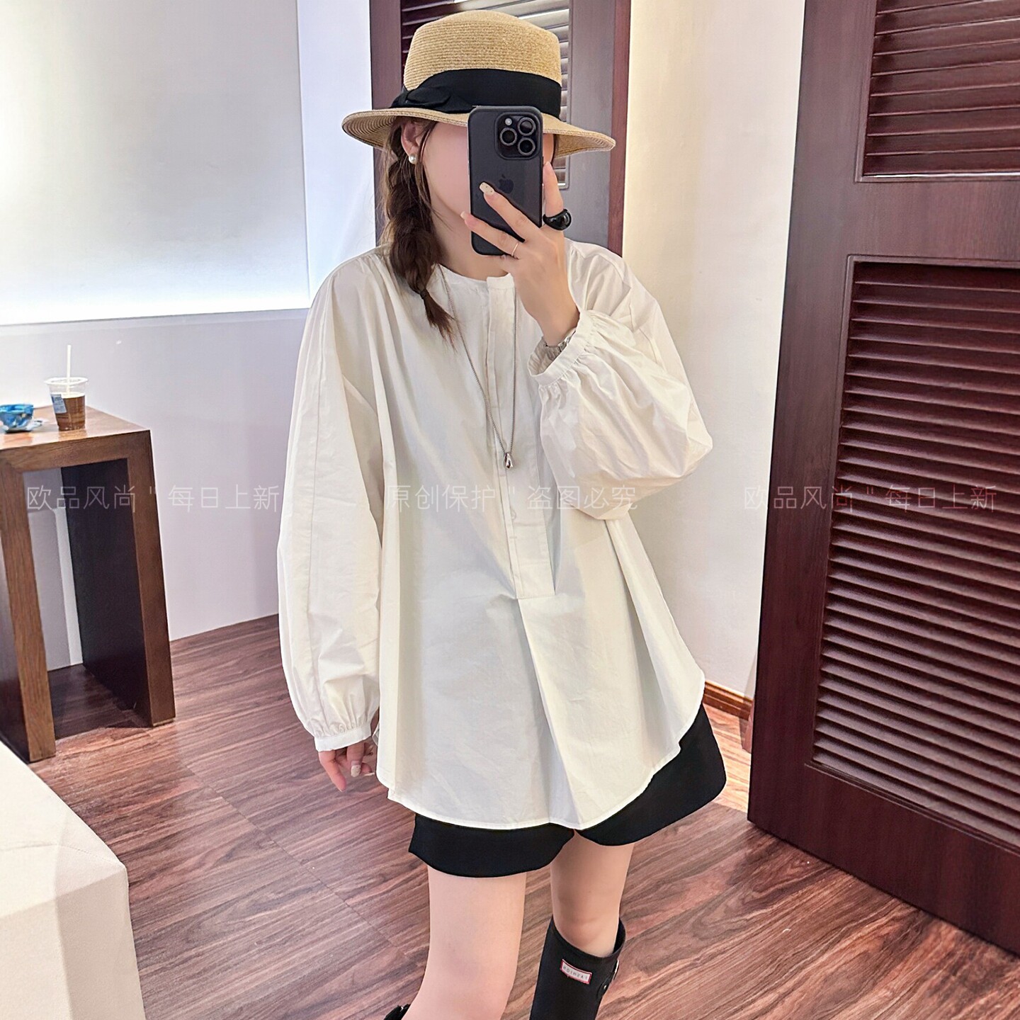 下摆弧形灯笼袖休闲衬衫女欧洲站