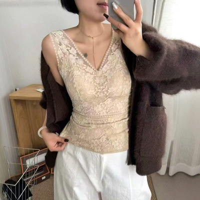 性感蕾丝羊绒蛋白V领背心女欧货