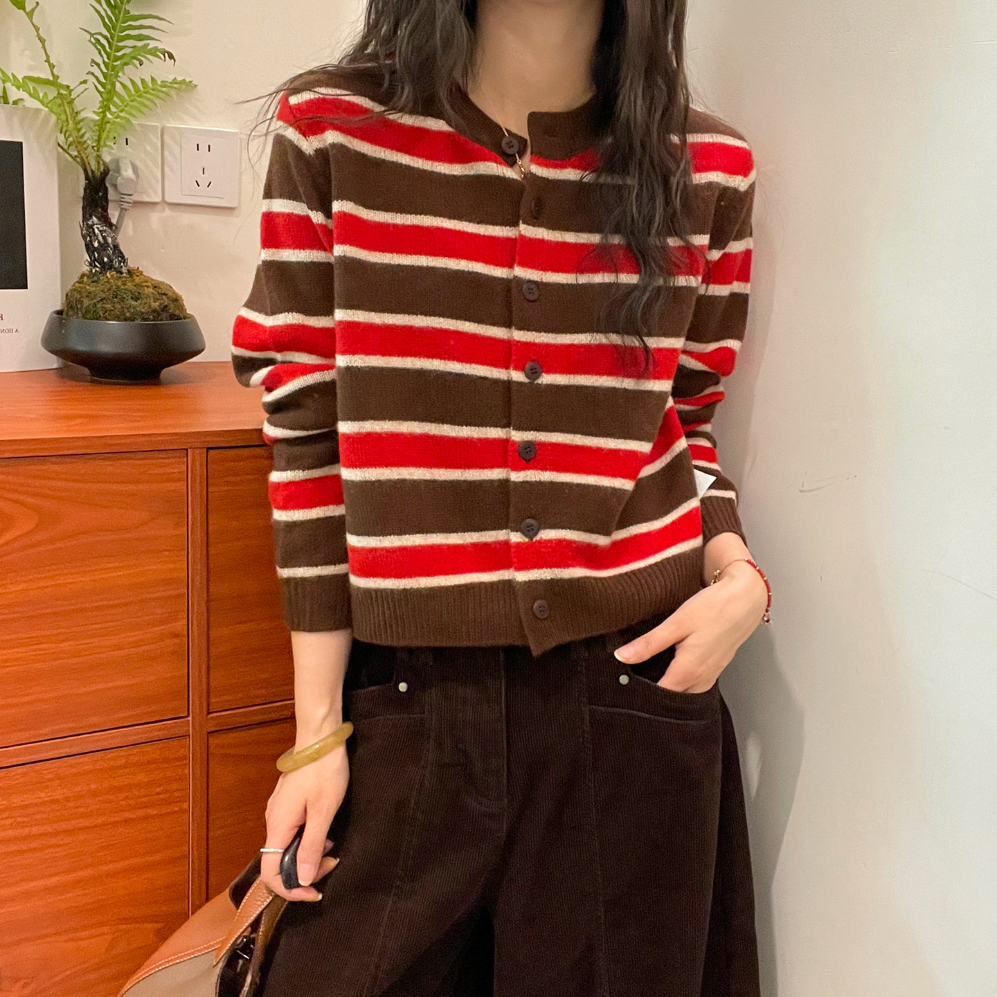 撞色条纹羊绒针织开衫女欧洲站潮