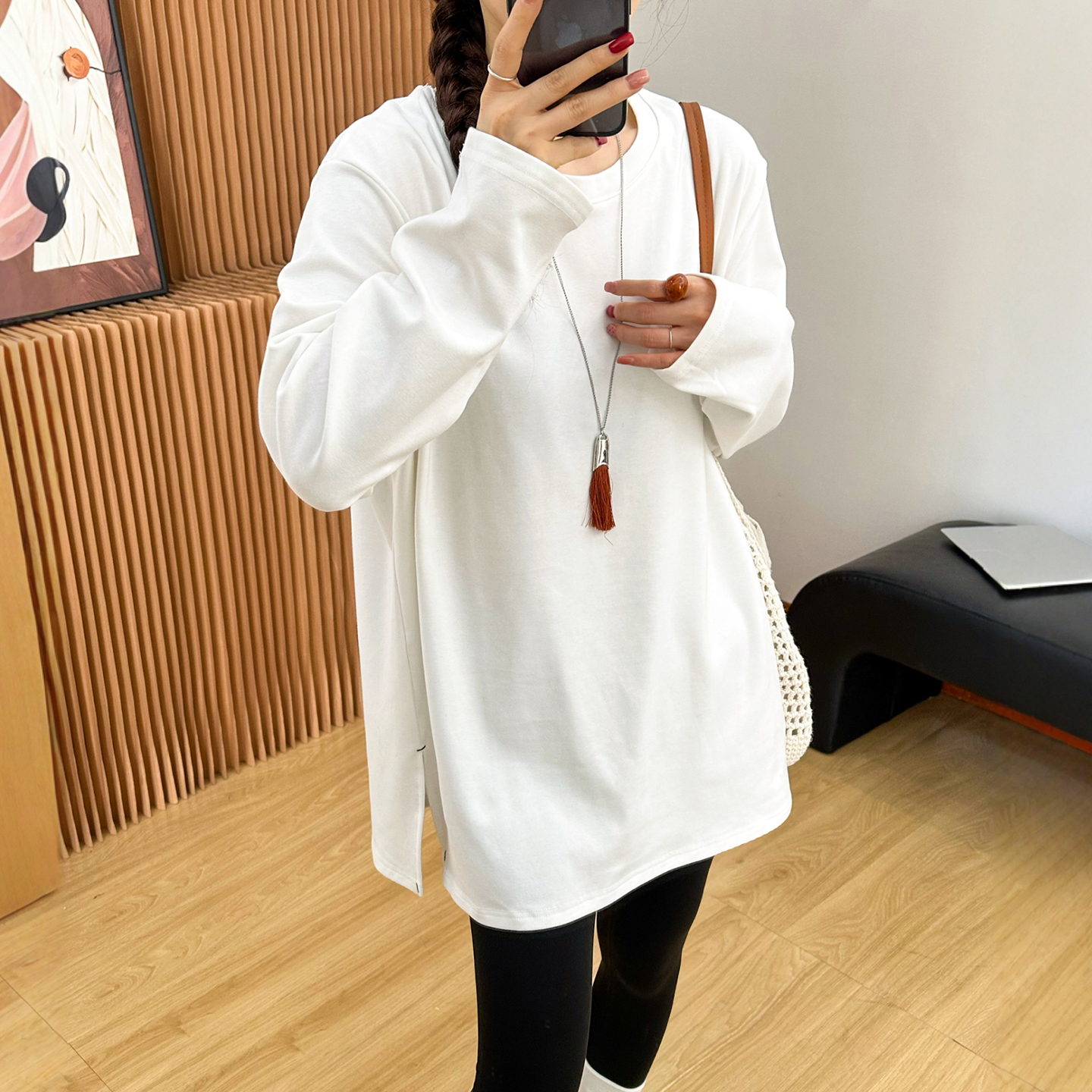 侧边开叉加厚磨毛T恤女欧洲站2025冬装新款欧货女装加绒打底衫潮