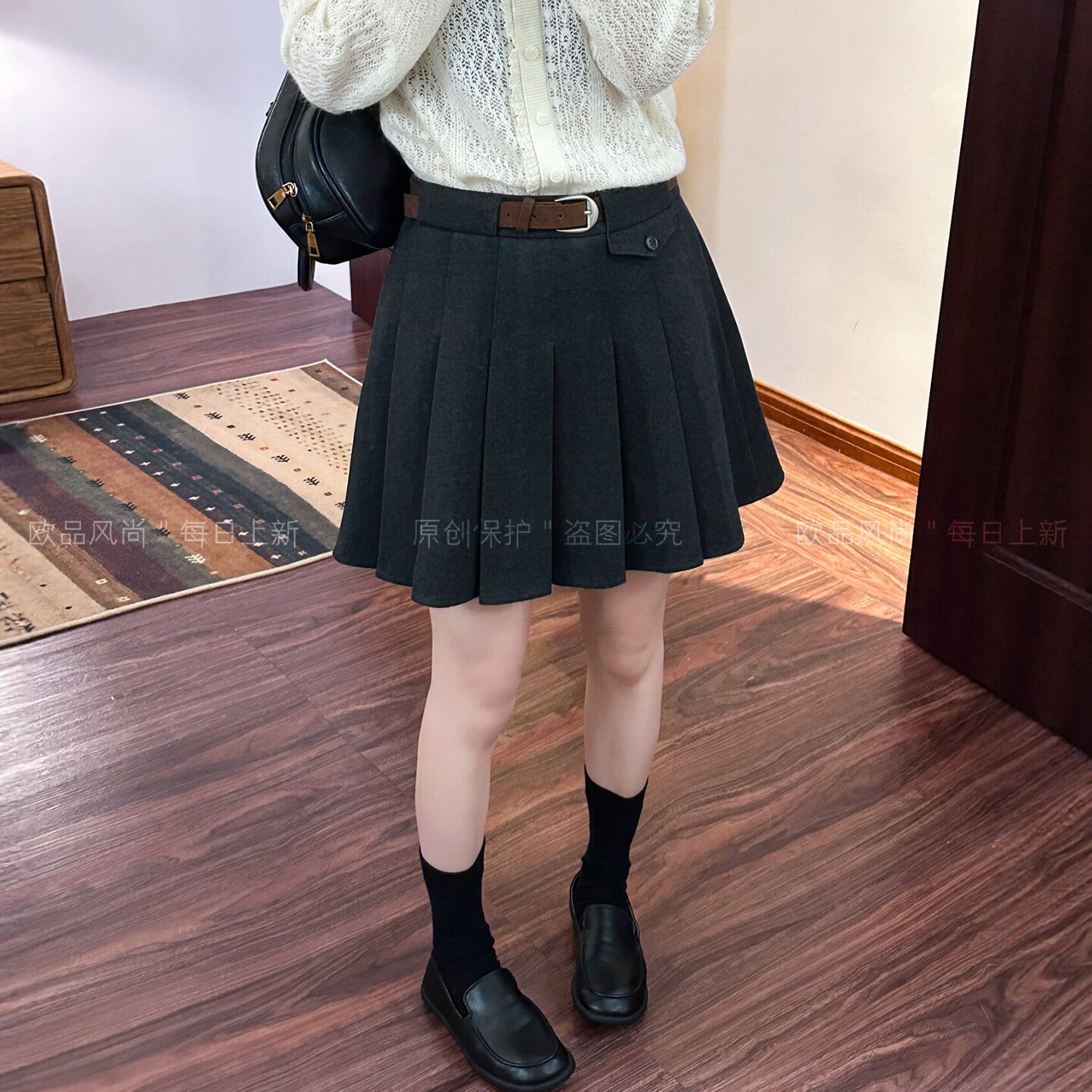 羊毛呢A字磨毛半身裙女欧货短裙