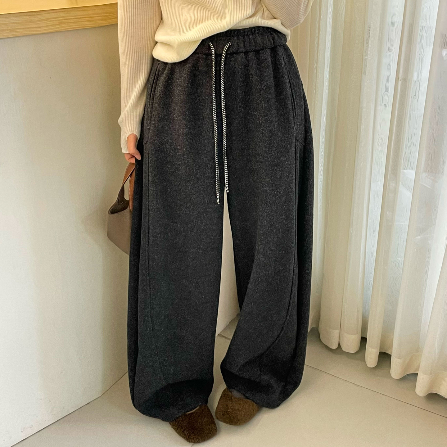 抽绳系带羊毛呢阔腿卫裤女欧洲站