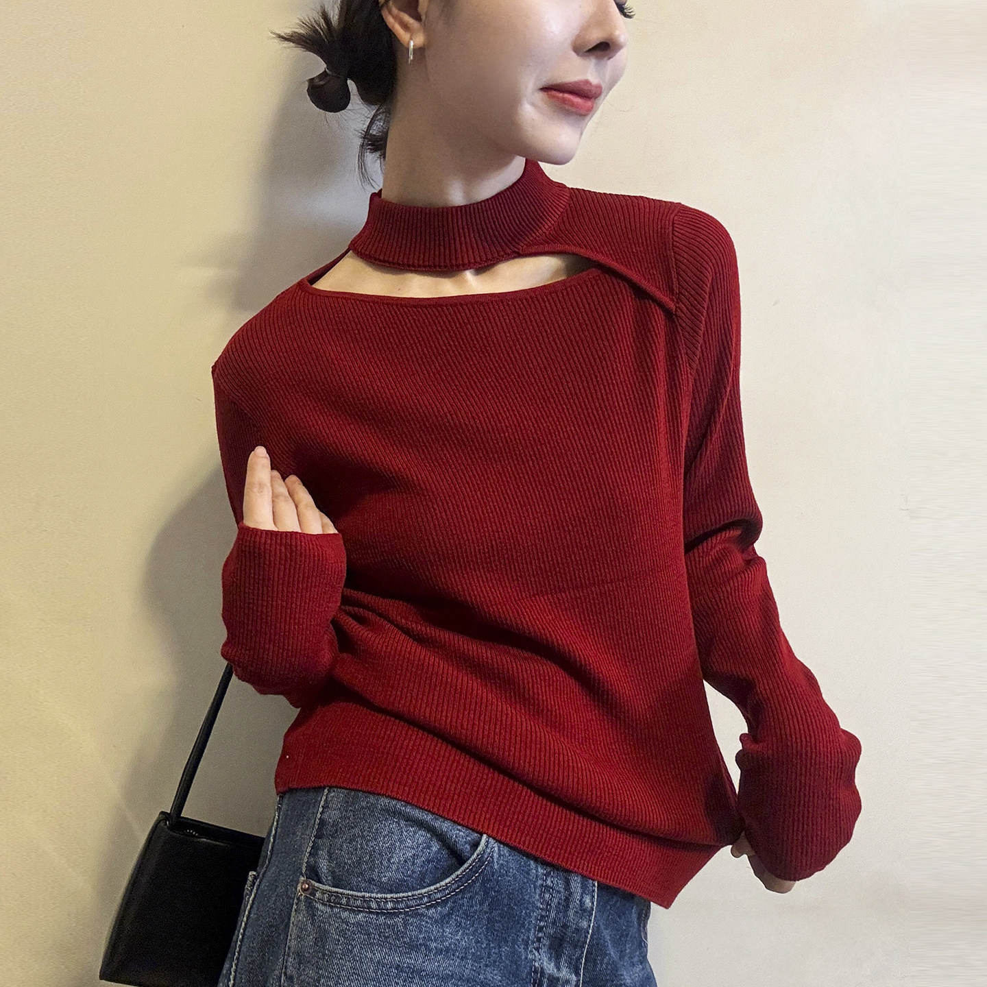 小心机挂脖高领羊毛针织衫女欧货