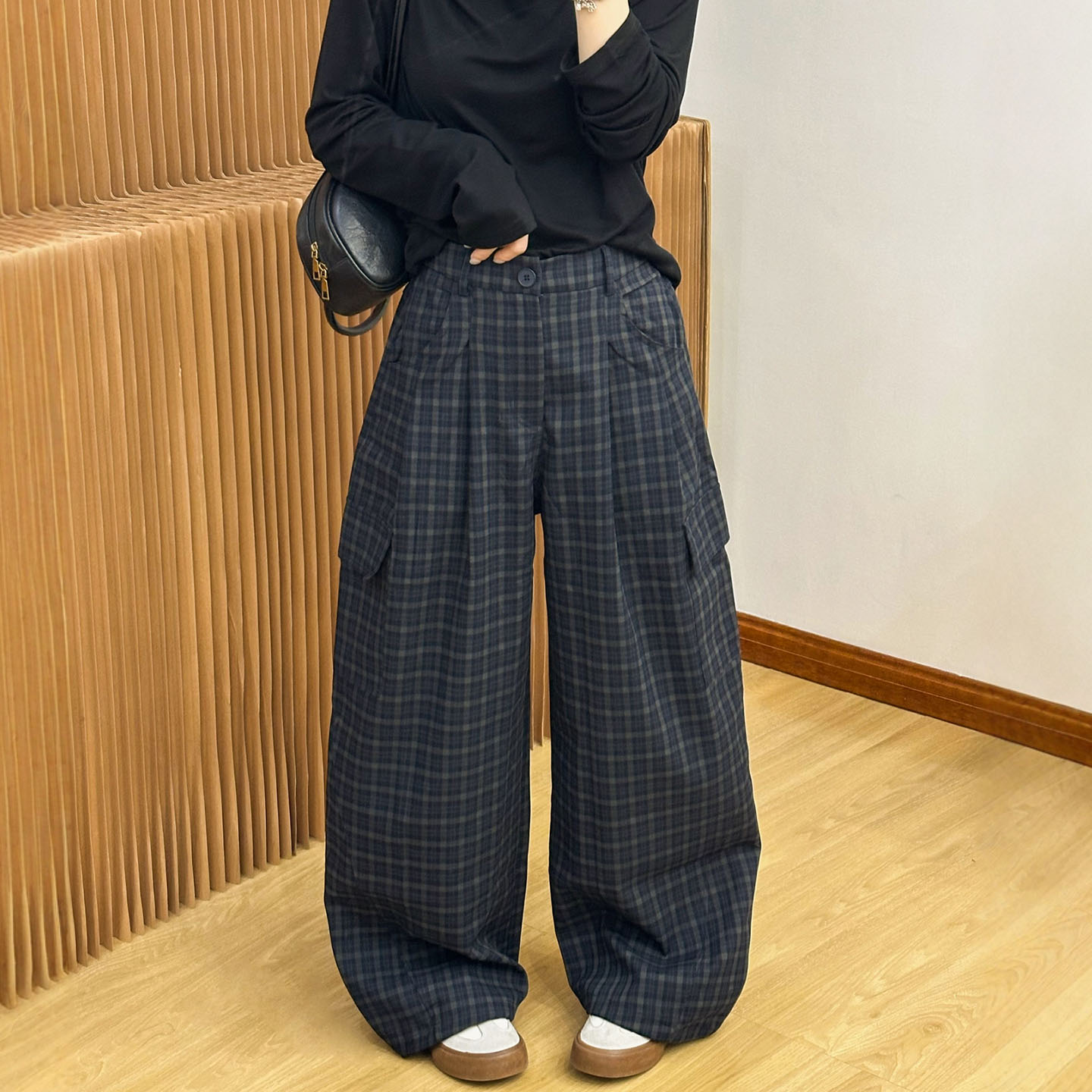 撞色格子拖地工装阔腿裤女欧洲站