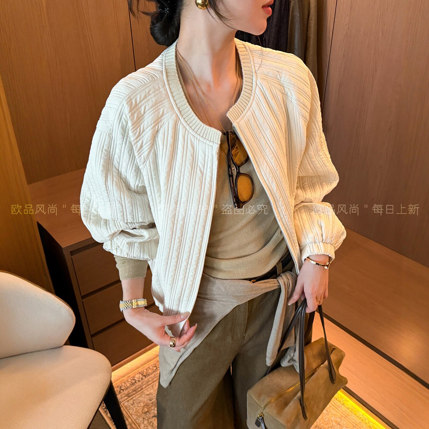 肌理感压格棒球服外套女欧货上衣