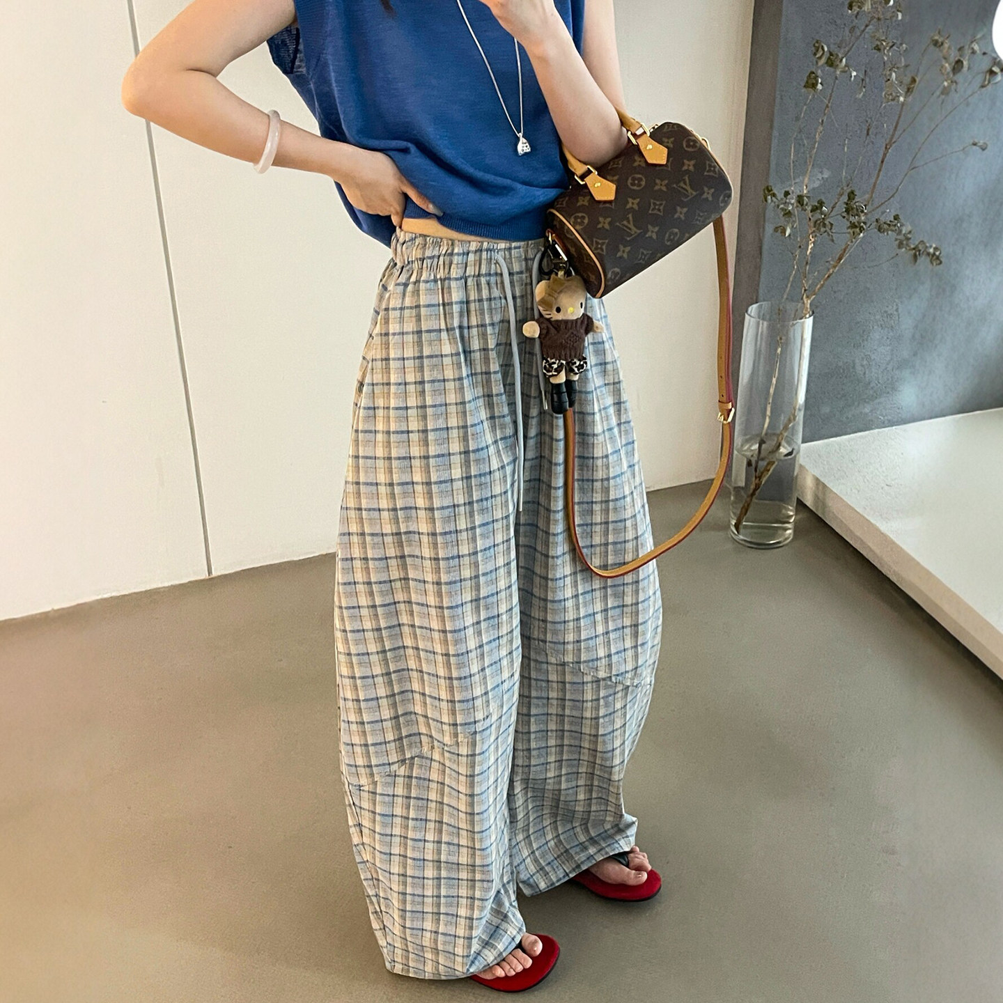 撞色格子拖地麻料阔腿裤女欧洲站2026夏季新款欧货女装时尚休闲裤