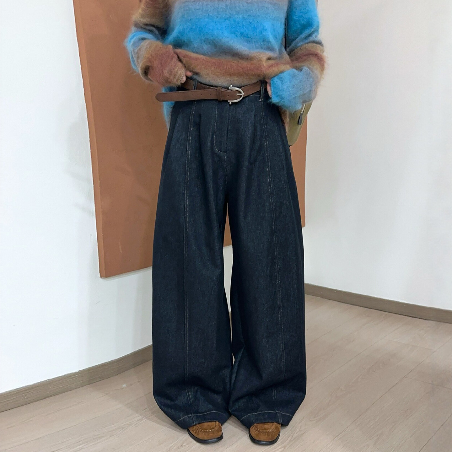 深蓝色拖地阔腿牛仔裤女欧货裤子