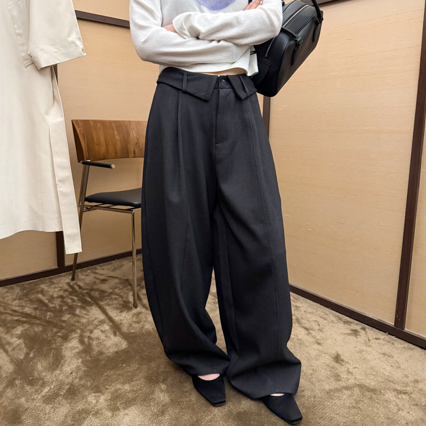 复古拖地弯刀西装阔腿裤女欧洲站