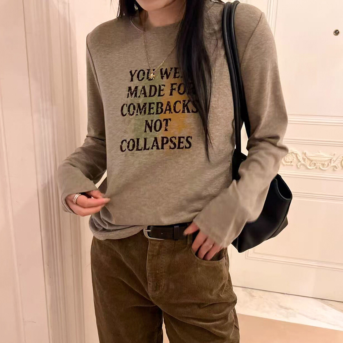 字母印花修身长袖T恤女欧洲站潮