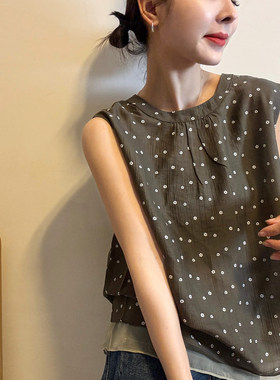 复古碎花肌理感无袖衬衫女欧洲站