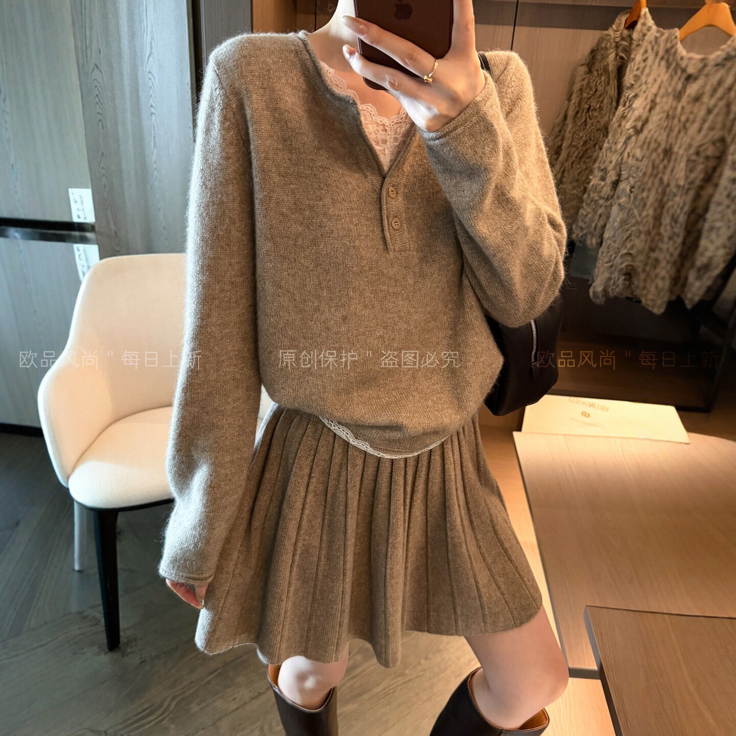 蕾丝V领绵羊毛针织衫女欧洲站潮
