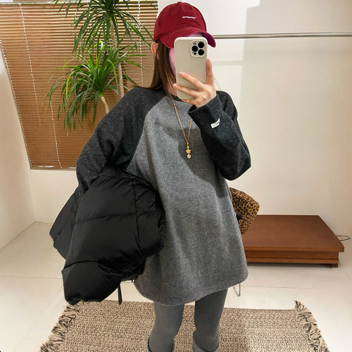 插肩袖磨毛加厚加绒T恤女欧洲站