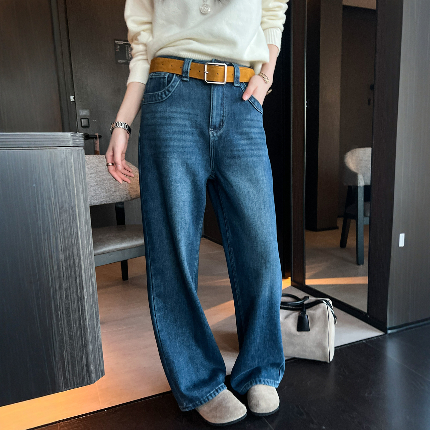 四面弹加绒窄版牛仔裤女欧货裤子