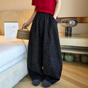 撞色波点羊毛呢加绒阔腿裤女欧洲站2025冬装新款欧货女装休闲裤潮