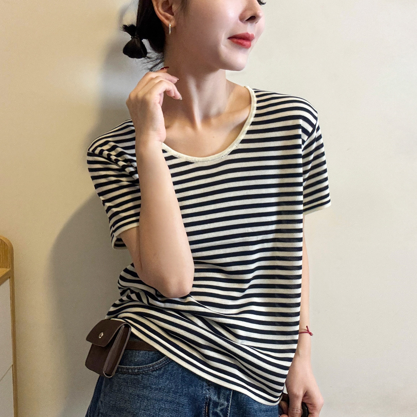 撞色条纹U领冰丝短袖T恤女欧洲站2026春装新款欧货女装打底小衫潮