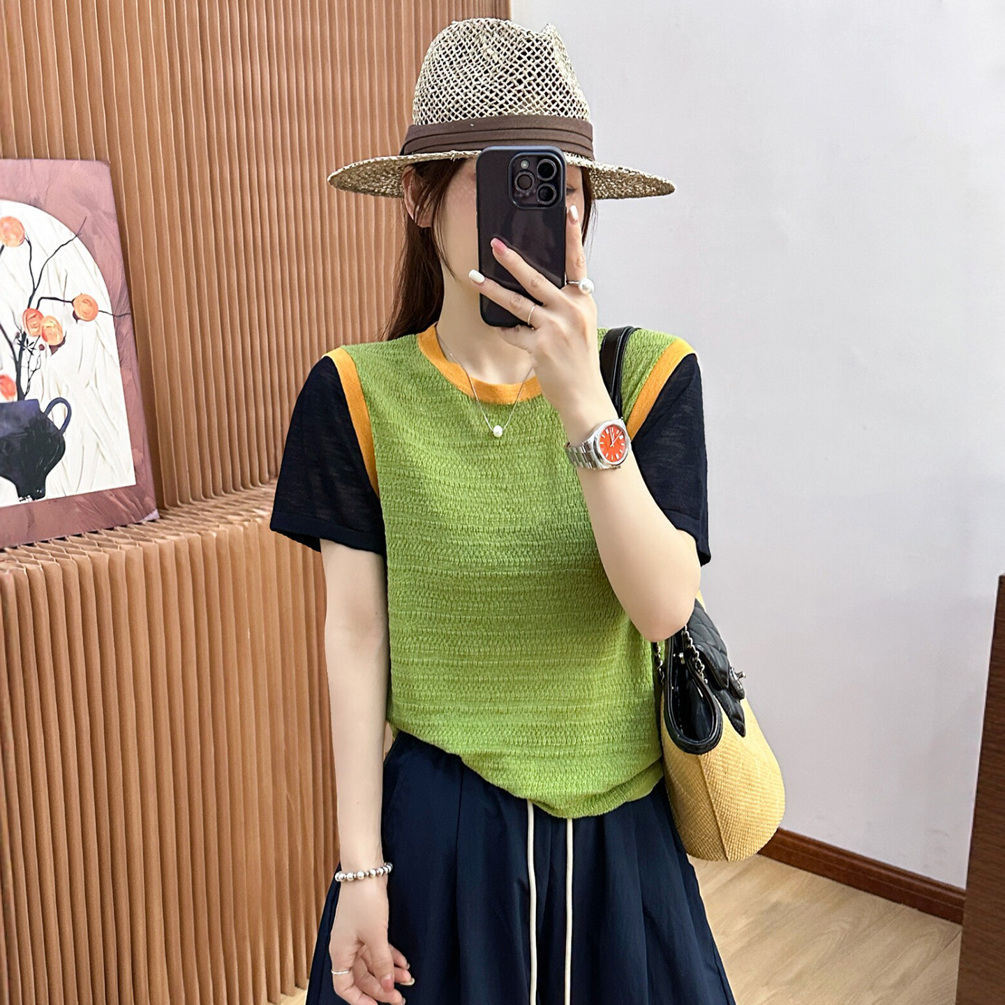 假两件撞色冰丝针织衫女欧洲站潮