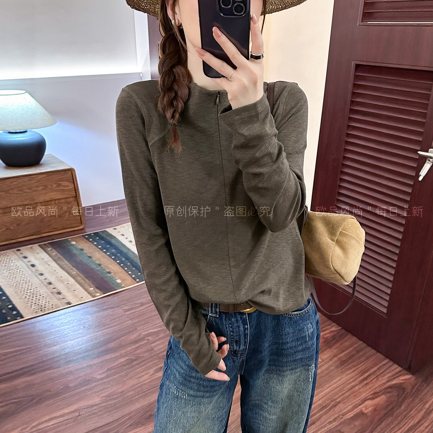 小半高领拉链长袖T恤女欧洲站潮