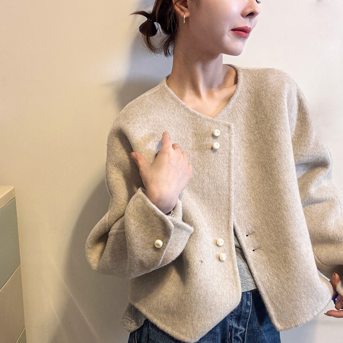 不规则双面羊绒大衣女短款欧洲站