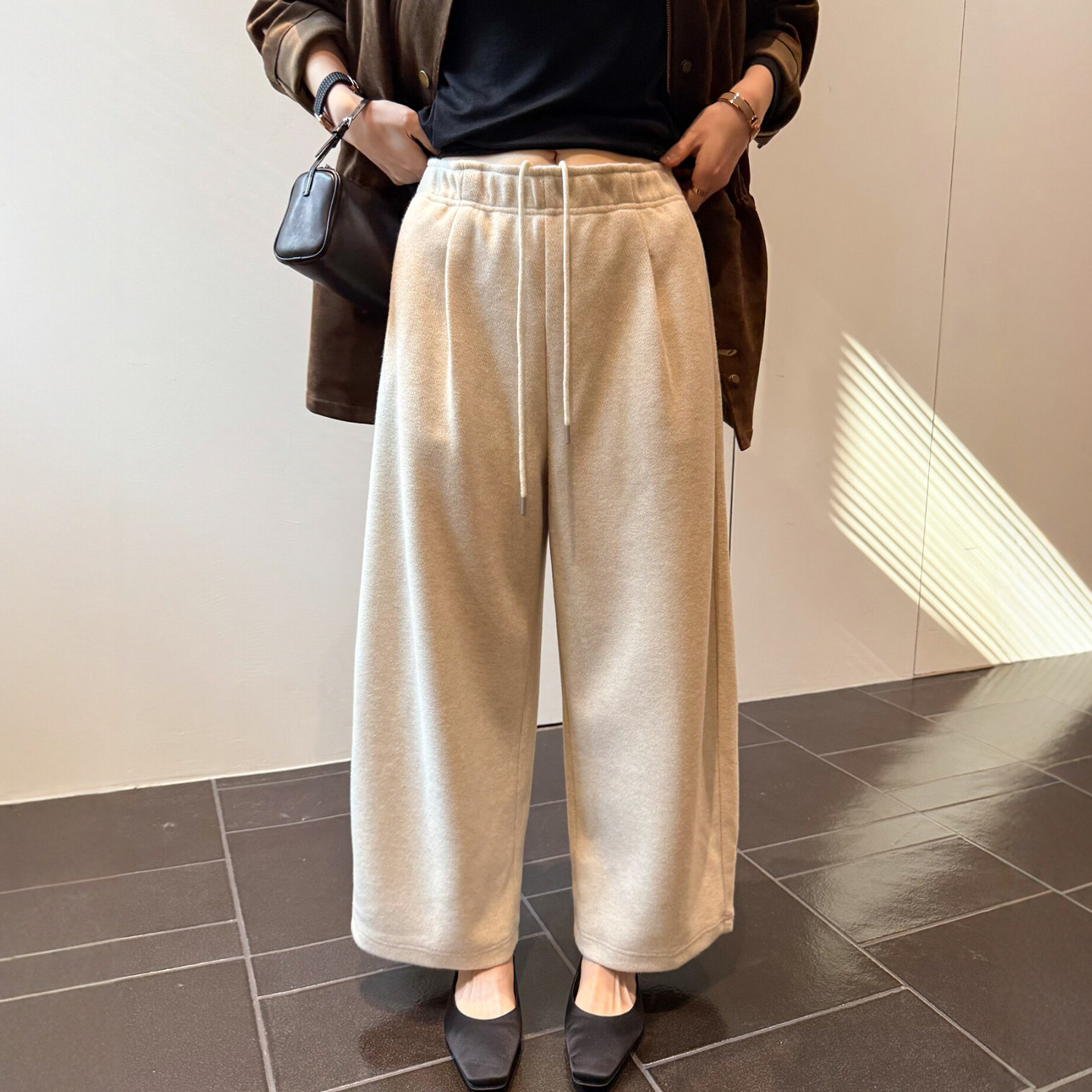 抽绳系带羊毛呢九分阔腿裤女欧货