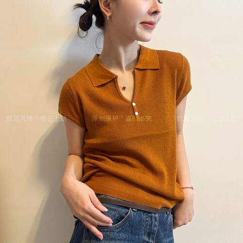 POLO领小飞袖绵羊毛针织衫女欧货