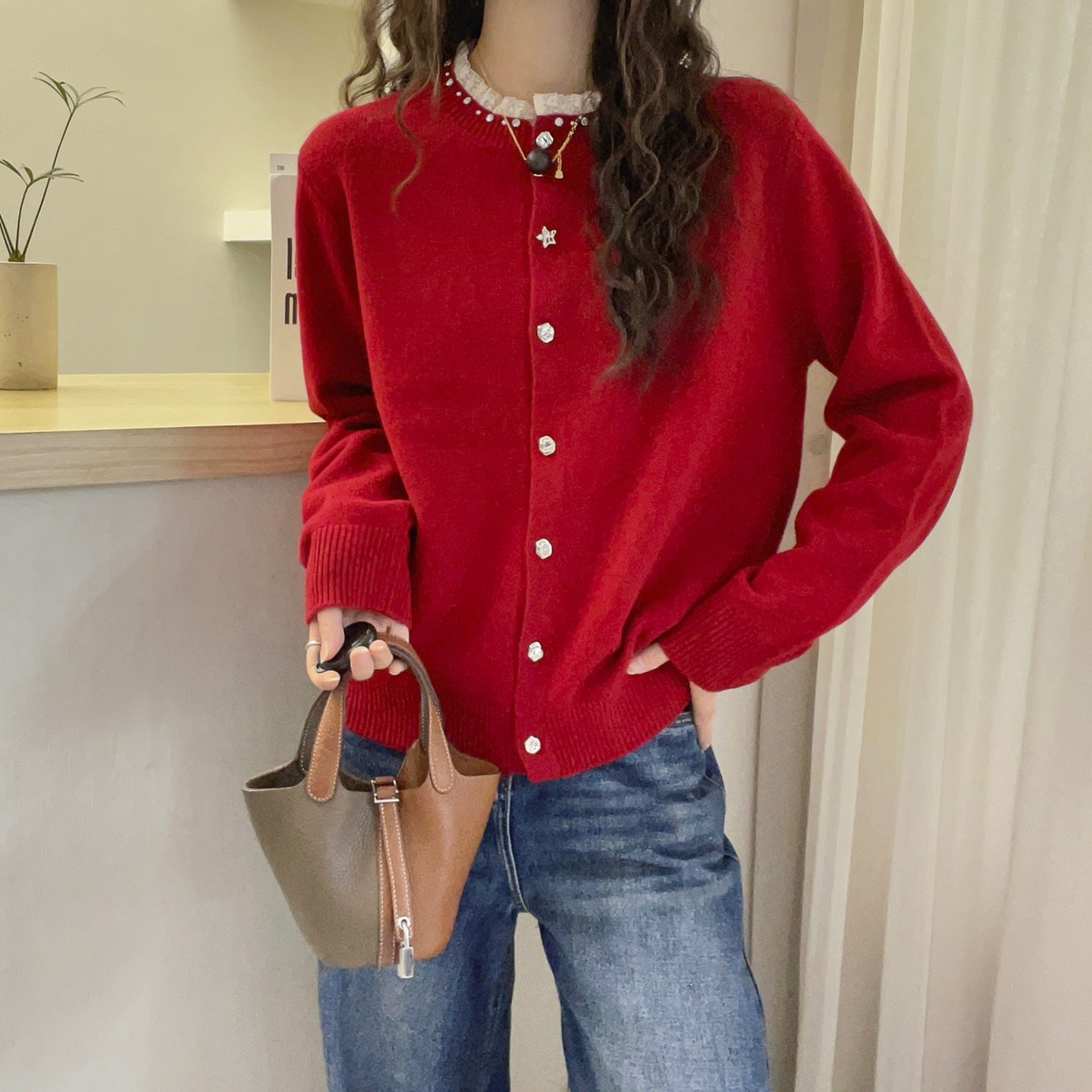 蕾丝拼接山羊绒针织开衫女欧洲站