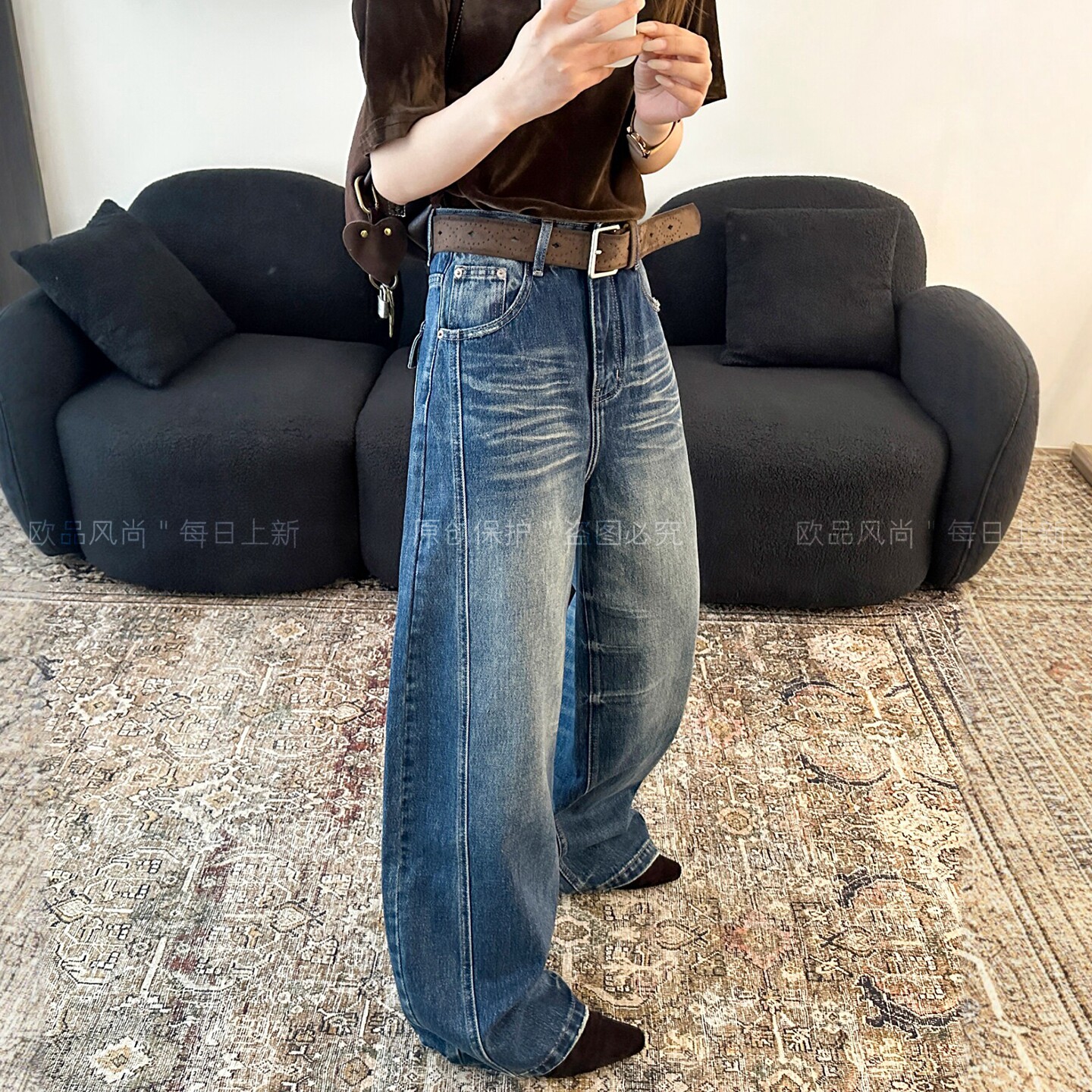 复古做旧拖地阔腿牛仔裤女欧洲站
