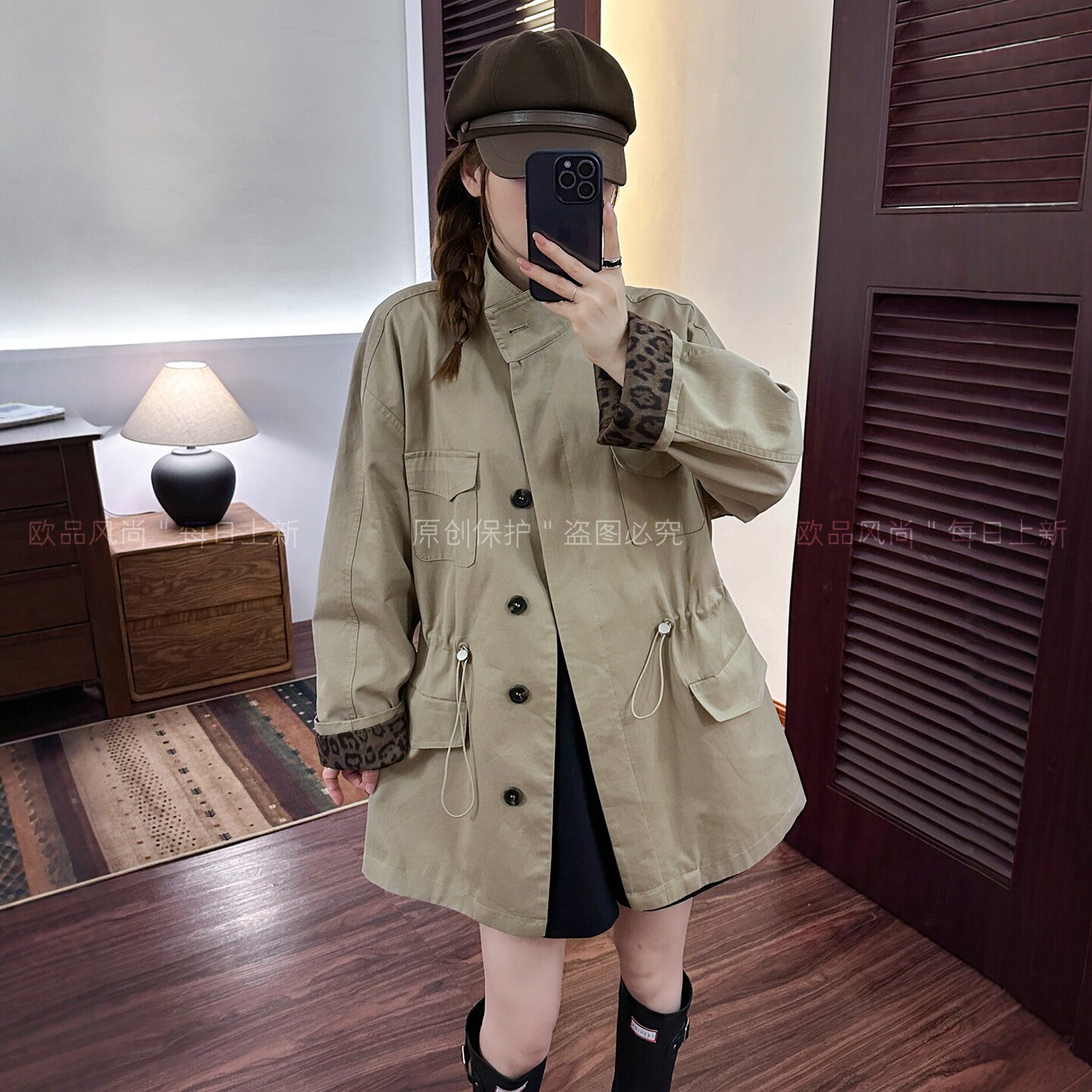 豹纹袖口收腰工装风衣女欧货外套
