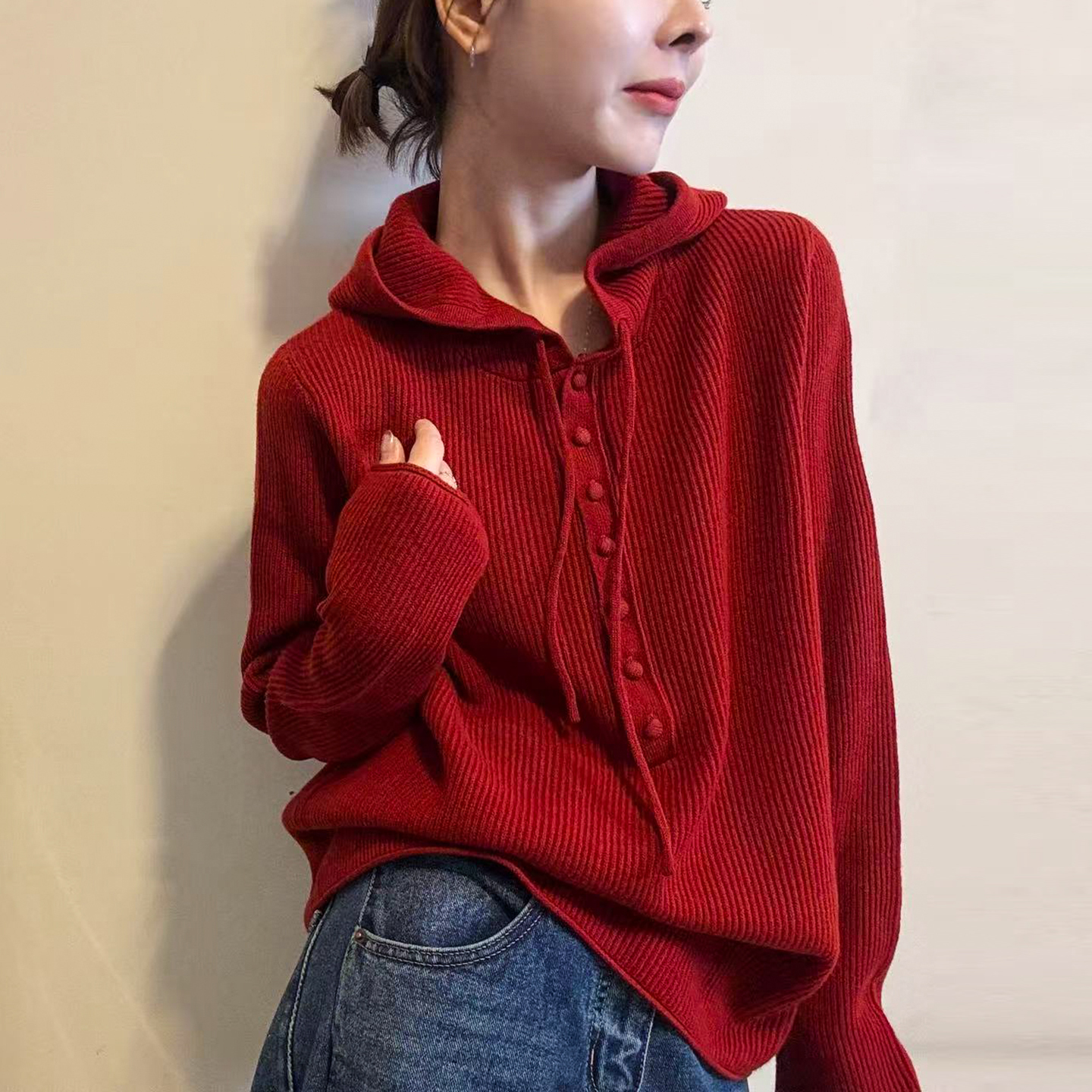 抽绳连帽山羊绒针织衫女欧货打底