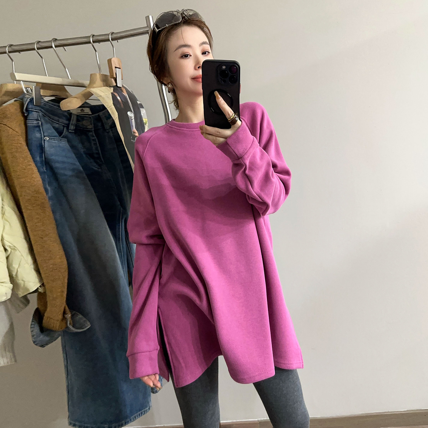 侧边开叉加厚磨毛T恤女欧货上衣