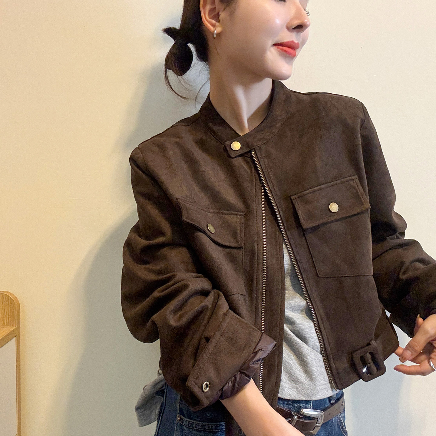 复古立领麂皮绒羽绒服女欧洲站2026冬季新款欧货女装时尚短款外套