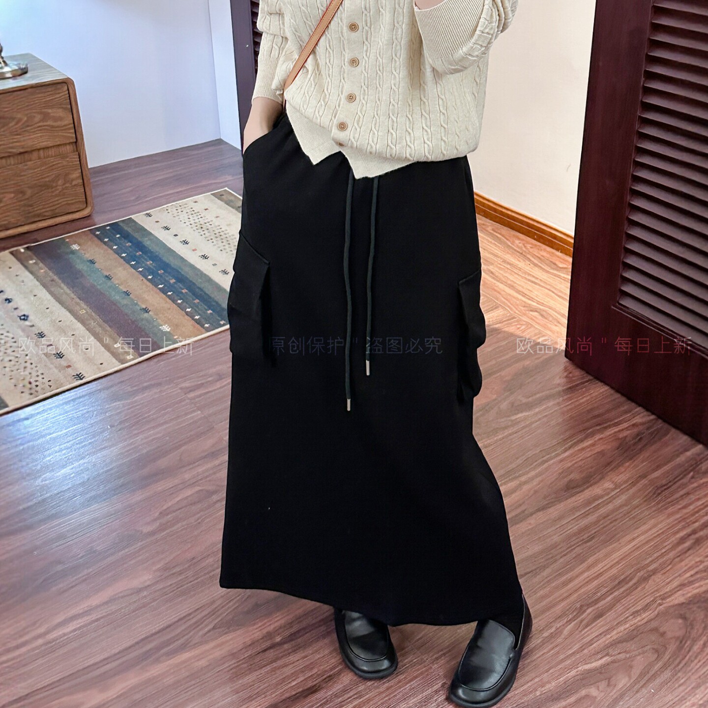 抽绳系带A字工装半身裙女欧洲站