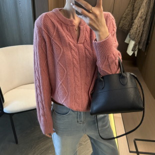 毛衣打底衫 麻花纹V领羊毛针织衫 欧货女装 新款 潮 女欧洲站2025冬装