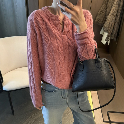 麻花纹V领羊毛针织衫女欧货毛衣
