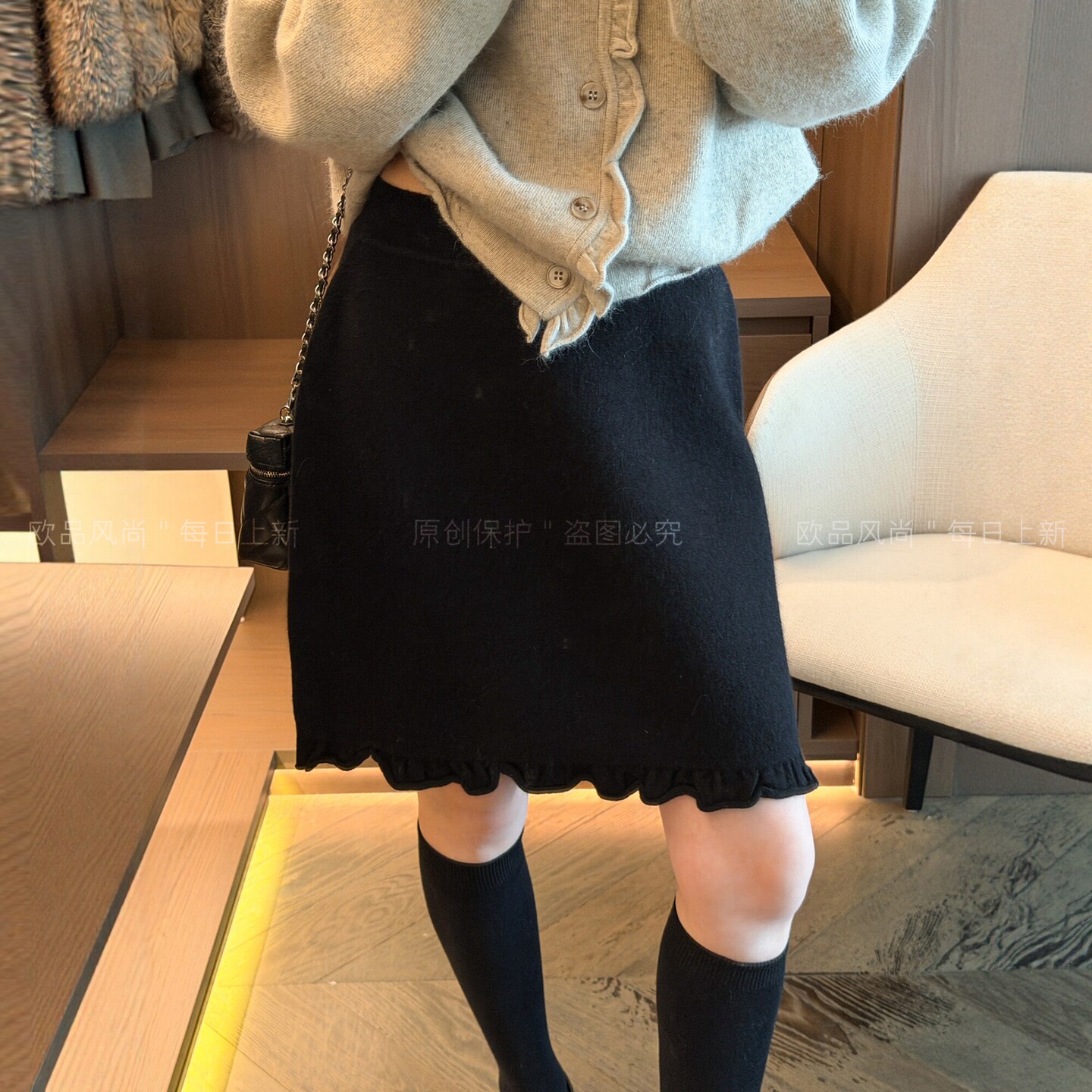 木耳边A字羊毛针织半身裙女欧货