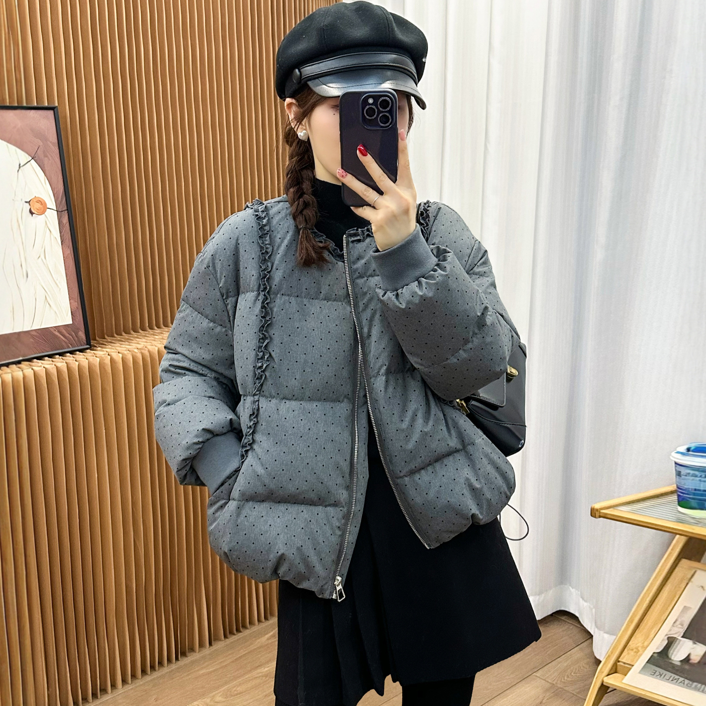 木耳边波点棒球羽绒服女欧洲站潮