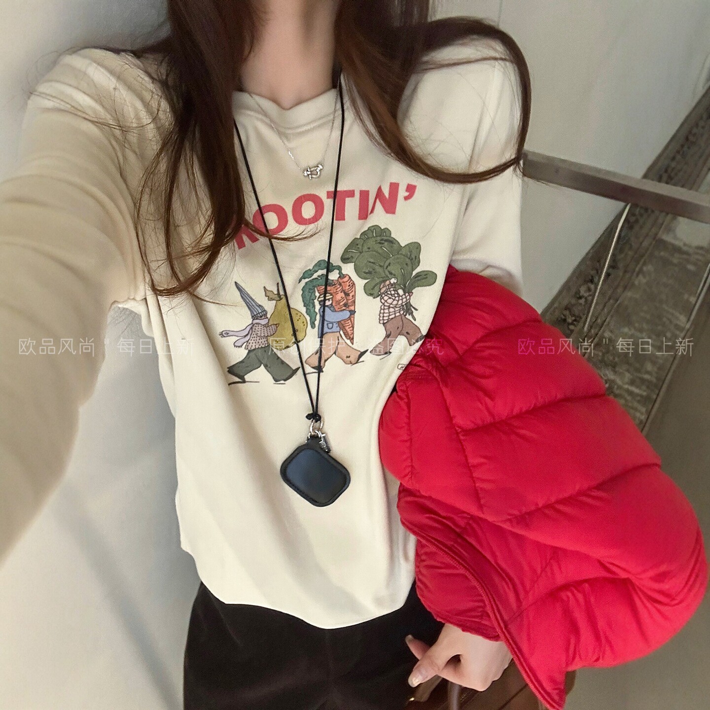 卡通印花磨毛加绒T恤女欧洲站潮