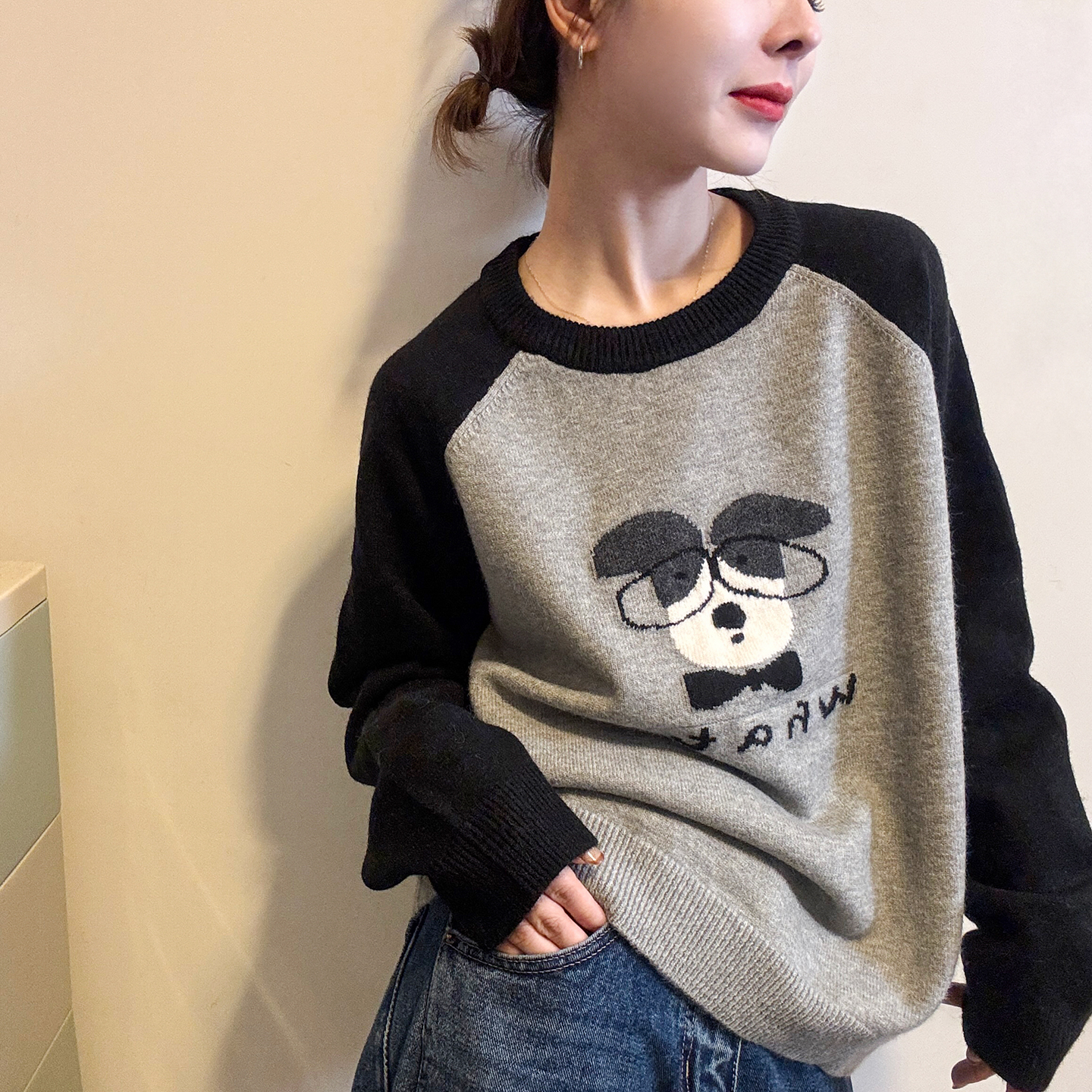 狗狗刺绣插肩袖羊毛针织衫欧洲站