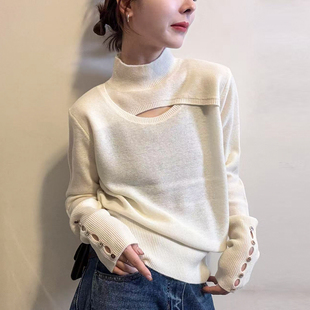 打底小衫 小半高领镂空羊毛针织衫 欧货女装 新款 潮 女欧洲站2025冬装