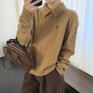 复古麻花POLO领绵羊毛针织衫女欧洲站2025冬装新款欧货女装毛衣潮