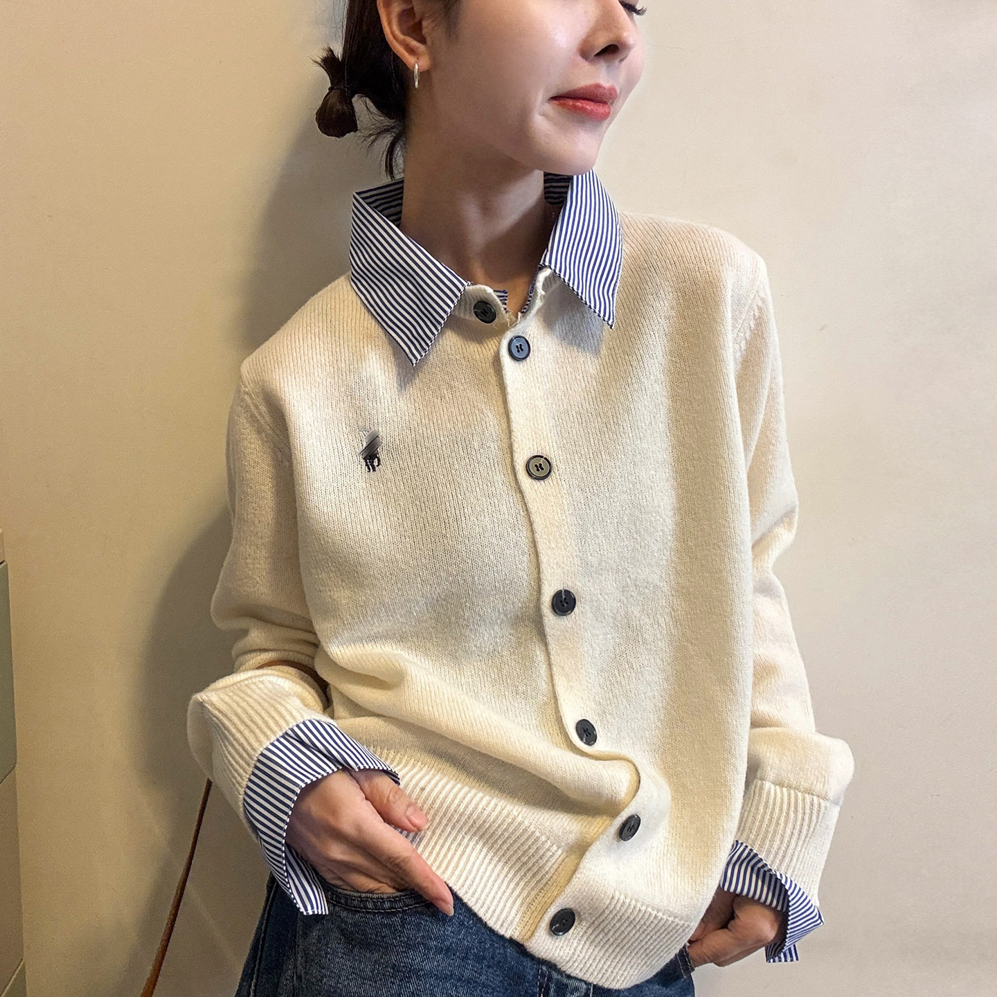 假两件条纹翻领羊毛针织开衫女欧洲站2026春装新款欧货女装毛衣潮,女装/女士精品,毛针织衫,淘宝优惠券,粉丝福利购,淘宝优惠卷