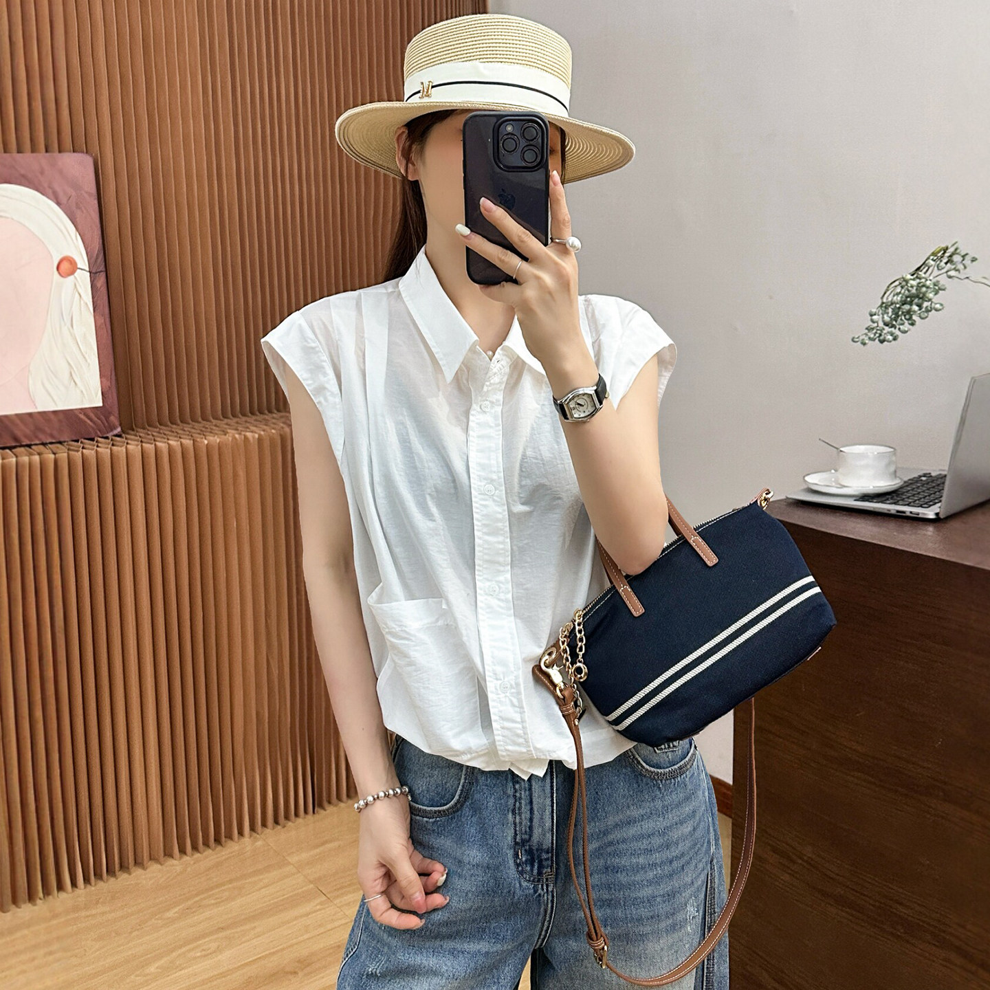 下摆抽绳POLO领小飞袖衬衫女欧货