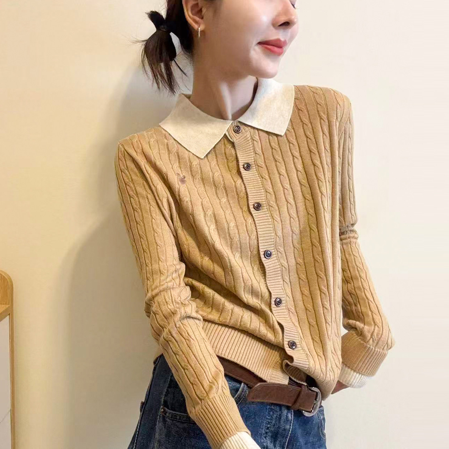 老钱风麻花纹羊毛针织开衫女欧洲站2026秋季新款欧货女装打底衫潮